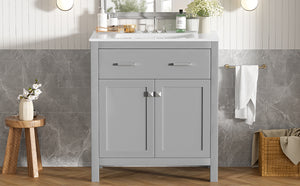 English Elm 30" Modern Bathroom Vanity with Ceramic Sink and Soft-Close Doors, Solid Wood MDF Build, Sleek Handles Gray N729P263155E