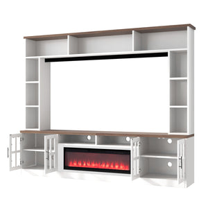 English Elm U-can Modern Farmhouse Wall Unit with Electric Fireplace Bookshelves and Glass Cabinet Doors White+Walnut SJ000153AAK