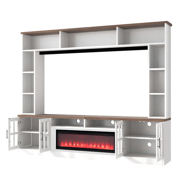 English Elm U-can Modern Farmhouse Wall Unit with Electric Fireplace Bookshelves and Glass Cabinet Doors White+Walnut SJ000153AAK