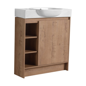 English Elm 30'' Freestanding vanity with white ceramic sink, soft-close doors, water-resistant melamine finish, modern handle design Imitative Oak W999P310754