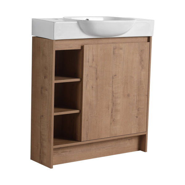 English Elm 30'' Freestanding vanity with white ceramic sink, soft-close doors, water-resistant melamine finish, modern handle design Imitative Oak W999P310754