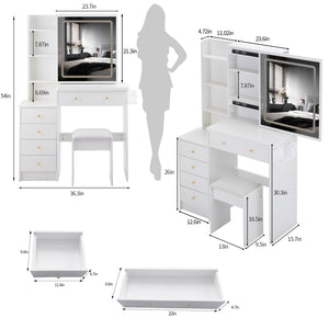 English Elm 37" Vanity Table Set with Led Mirror Stool Built-in Outlets and Hair Dryer Storage White W3258P448846