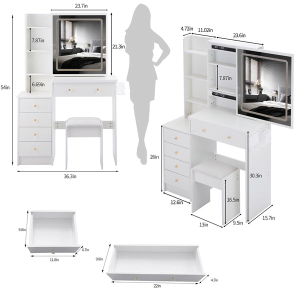 English Elm 37" Vanity Table Set with Led Mirror Stool Built-in Outlets and Hair Dryer Storage White W3258P448846