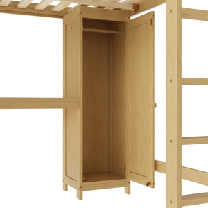 English Elm Full Size Pine Loft Bed House Frame with Slide Bookshelves and Moon Star Rails W1580S00163