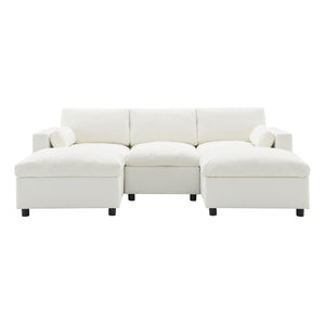 English Elm [video]86.5'' Chenille U-shaped Sectional with Dual Ottomans and Storage Pockets for Living Rooms White N723S7723A