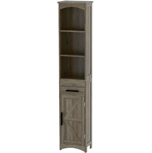 English Elm Narrow Farmhouse Storage Cabinet Sliding Barn Door Weathered Oak Finish Bathroom Tower T3971P430727