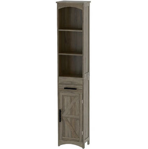 English Elm Narrow Farmhouse Storage Cabinet Sliding Barn Door Weathered Oak Finish Bathroom Tower T3971P430727