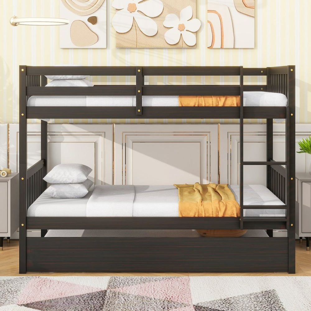 English Elm Twin Over Twin Rubberwood Bunk Bed With Trundle - Space-Saving Design, Espresso Finish, Safety Features W504S00158-GIGA