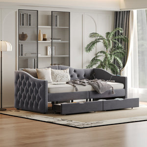 English Elm Full Boucle Upholstered Daybed with Tufted Headboard Storage Drawers and Usb Ports W1670S00027