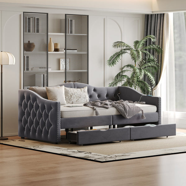 English Elm Full Boucle Upholstered Daybed with Tufted Headboard Storage Drawers and Usb Ports W1670S00027