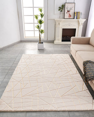English Elm Luxury Faux Fur Area Rug - Beige & Gold Geometric Design, Machine Washable, Soft & Stylish Comfort B030P233689