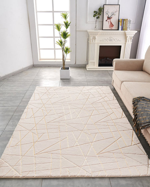 English Elm Luxury Faux Fur Area Rug - Beige & Gold Geometric Design, Machine Washable, Soft & Stylish Comfort B030P233689