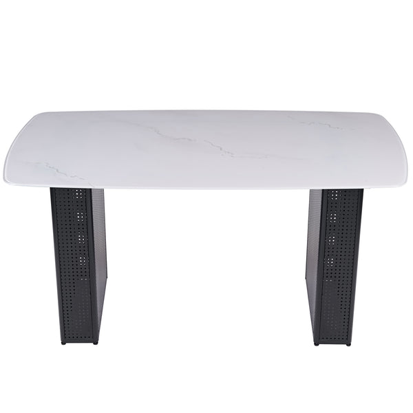 English Elm Modern Marble Glass Dining Table Gold Dual Pedestal Base Seats Eight Elegant W5123P397496