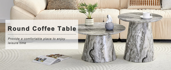 English Elm Nested Round Coffee Table Set with Wood Grain Mdf Top for Modern Living Rooms Grey W2920S00117