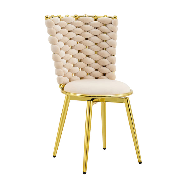 English Elm Set of 2 Velvet Dining Chairs with Braided Rope Backs and Glamorous Metal Legs Beige W3875P399190