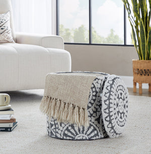 English Elm Wood Lidded Storage Ottoman Handwoven Wool Artisan Texture for Bohemian Living Spaces Black,Ivory B202P471518