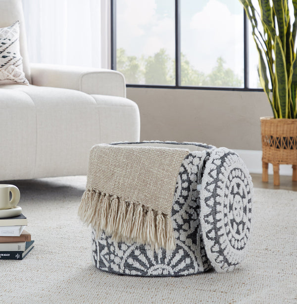 English Elm Wood Lidded Storage Ottoman Handwoven Wool Artisan Texture for Bohemian Living Spaces Black,Ivory B202P471518