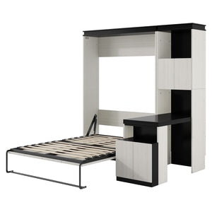 English Elm Full Full Size Murphy Bed with Desk, Shelves & Cabinets in Black+White — Space-Saving, Sturdy Design GX002042AAE