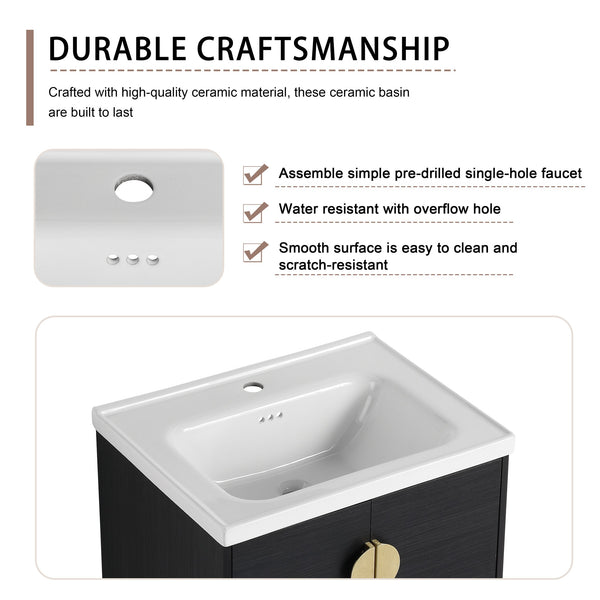 English Elm 24" Wall-Mounted Bathroom Vanity With Ceramic Sink & Side Cabinet - Soft Close Doors, Stylish Storage W999S00328