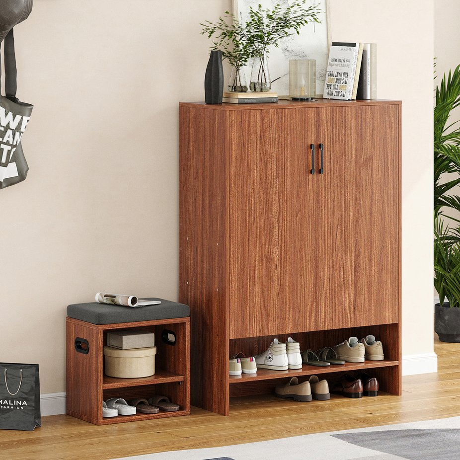 English Elm Shoe Cabinet Farmhouse 7-Tier 28-Pair Storage with Adjustable Shelves, Anti-Tip Rustic Organizer Walnut T3623P408200