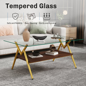 English Elm Rectangle Coffee Table With Clear Tempered Glass Top & Gold Metal Legs For Elegant Living Rooms W241142554-GIGA