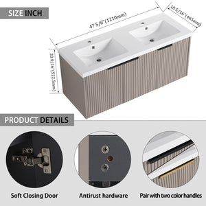 English Elm 48" Modern Wall-Mounted Bathroom Vanity With Double Sink, Soft-Close Doors & Stylish Wavy Panels W999S00353