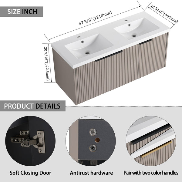 English Elm 48" Modern Wall-Mounted Bathroom Vanity With Double Sink, Soft-Close Doors & Stylish Wavy Panels W999S00353