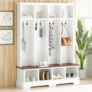 English Elm Farmhouse Hall Tree with Triple Arch Back Panel Eight Hooks Drawers and Entryway Bench White N721S000075K