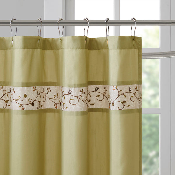 JLA Home Madison Park - Faux Luxurious Embroidered Floral Shower Curtain — Silky Finish, Machine Washable, Boutique Hotel Style Green MP70-1918