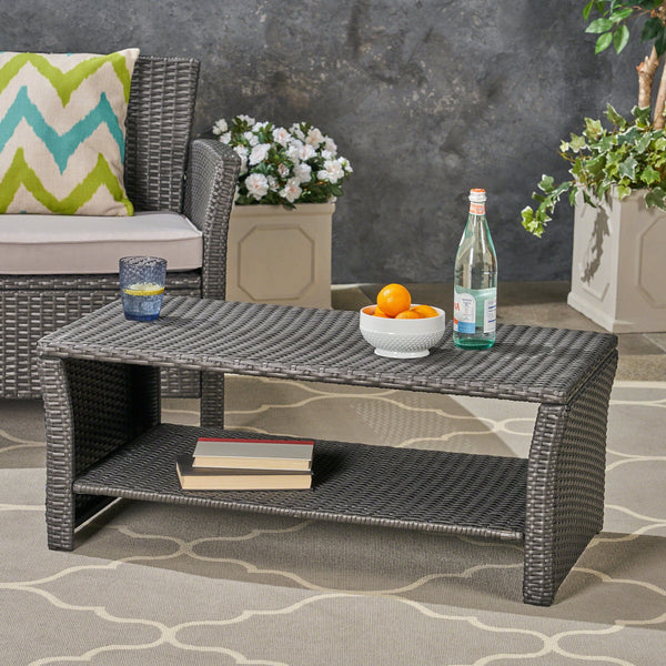 English Elm Christopher Knight Home® - ST LUCIA TABLE Grey Rattan Outdoor Side Table with Spacious Top, Open Shelf, Stable Four‑Leg Design, Easy Clean 54678.00GRY