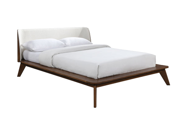 English Elm Walnut Mid-Century Queen Platform Bed with Beige Fabric Winged Headboard, Solid Wood Frame, Tapered Legs Walnut 83 L x 11 W x 8 H B2741S00459