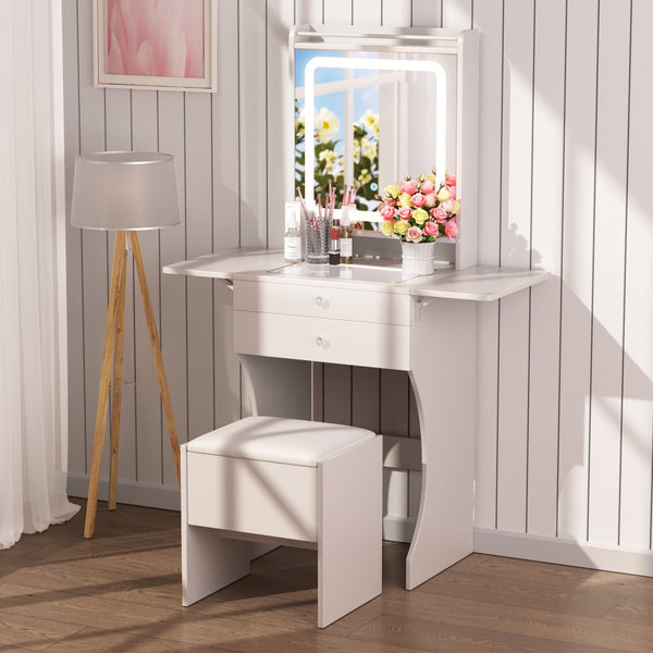 English Elm Vanity Set with Led Mirror Tempered Glass Top Foldable Tables and Stool for Bedroom W3767P441924