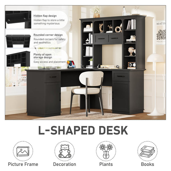 English Elm L-shaped computer desk with ample storage 11 shelves, 3 cabinets, 2 drawers, flip-up shelf for workspaces Black W1580S00189