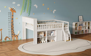 English Elm Full Size Kids Loft Bed with Led Headboard Open Shelving and Natural Wood Frame White N7090005024K