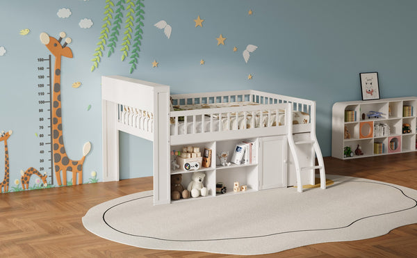 English Elm Full Size Kids Loft Bed with Led Headboard Open Shelving and Natural Wood Frame White N7090005024K
