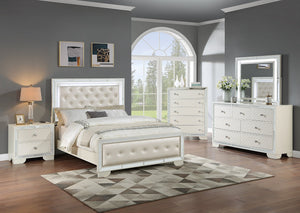 English Elm Cream Ivory Tufted Queen Bed w LED Lights Faux Leather Headboard Nail Trim Mirror Panels Elegance B011S01402