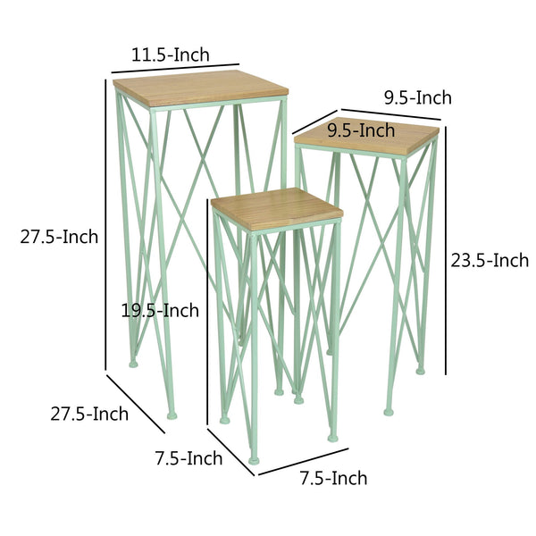 English Elm Mito Three Piece Nesting Plant Stand Set with X Cross Metal Base and Wood Tops Brown+Green B056P416914