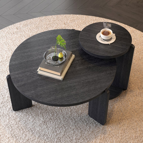 English Elm 32.68 Inch Black Oak Veneer Nesting Round Coffee Table Set for Modern Living Rooms W2899P435699