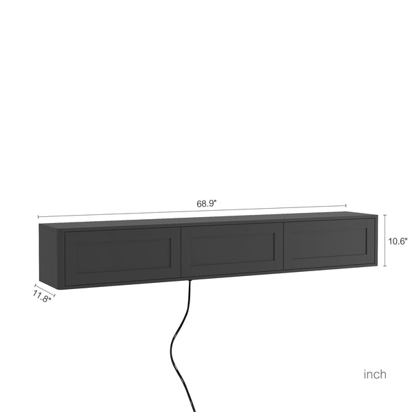 English Elm Floating Wall Mounted Tv Shelf with Led Backlight Gloss Cabinet and Built in Power Strip Black W1321P391262