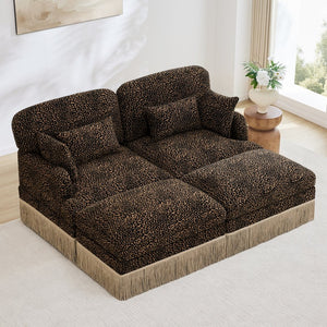 English Elm Comfy Chenille Leopard Print Loveseat with Tassel Trim and Movable Ottoman Modules Brown W5656S00012