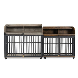 English Elm GO Furniture-Style Dog Crate 44" Gray End Table Kennel with Sliding Barn Door, Storage Shelves, Wheels WF323360AAE