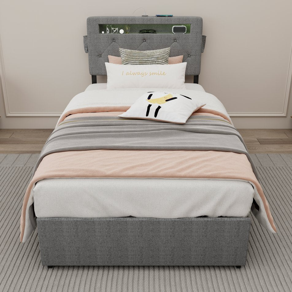 English Elm Twin Upholstered Bed Frame with Headboard, 4 Storage Drawers, USB Ports, RGB LED Mood Lighting W1960P175563