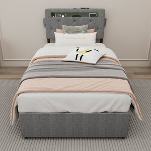 English Elm Twin Upholstered Bed Frame with Headboard, 4 Storage Drawers, USB Ports, RGB LED Mood Lighting W1960P175563