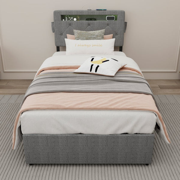 English Elm Twin Upholstered Bed Frame with Headboard, 4 Storage Drawers, USB Ports, RGB LED Mood Lighting W1960P175563