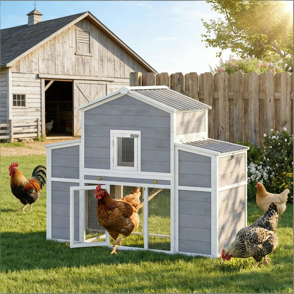 English Elm Wooden Pine Backyard Chicken Coop with Enclosed Run Nesting Boxes and Galvanized Tray T3971P481641