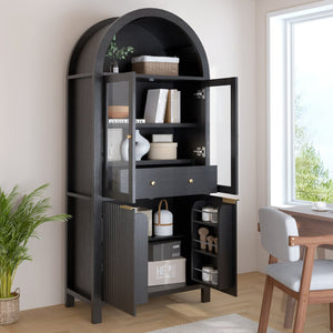 English Elm 71" Arched Glass Barn Door Pantry Cabinet Farmhouse Mdf Storage for Kitchen Dining Black W2917S00014