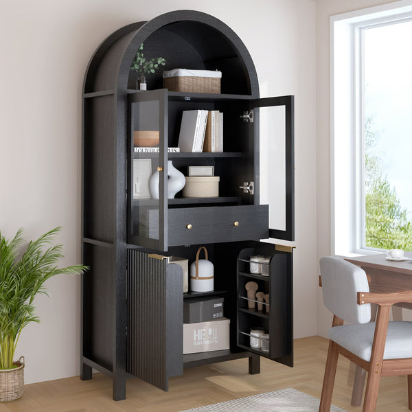 English Elm 71" Arched Glass Barn Door Pantry Cabinet Farmhouse Mdf Storage for Kitchen Dining Black W2917S00014