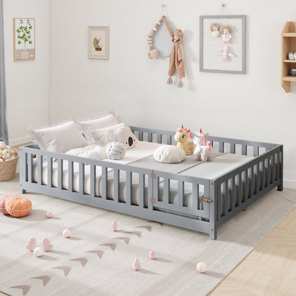 English Elm Full Full Size Floor Platform Bed with Safety Fence and Door, Montessori Toddler Frame with Slats, Sturdy Pine Construction for Secure Sleep and Playtime Grey 77.76 L x 17.52 W x 6.3 H W1716132148