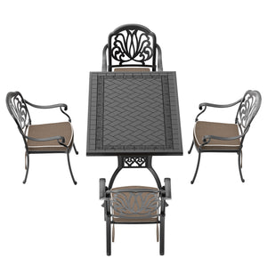 English Elm 5-Piece Cast Aluminum Patio Furniture Set With Plush Brown Cushions For Stylish Outdoor Comfort W1710S00079
