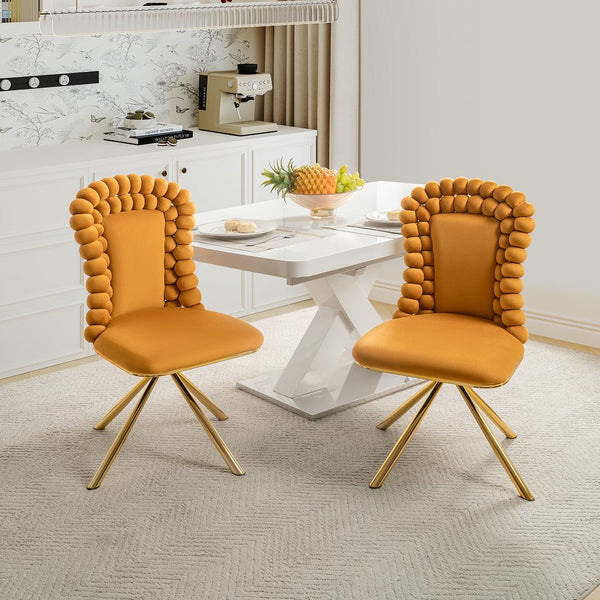 English Elm Dining Velvet Swivel Chairs Set of 2 with Hairball Backrest, Gold Metal Legs, Plush Foam Seat, Adjustable Feet Orange W757P281149